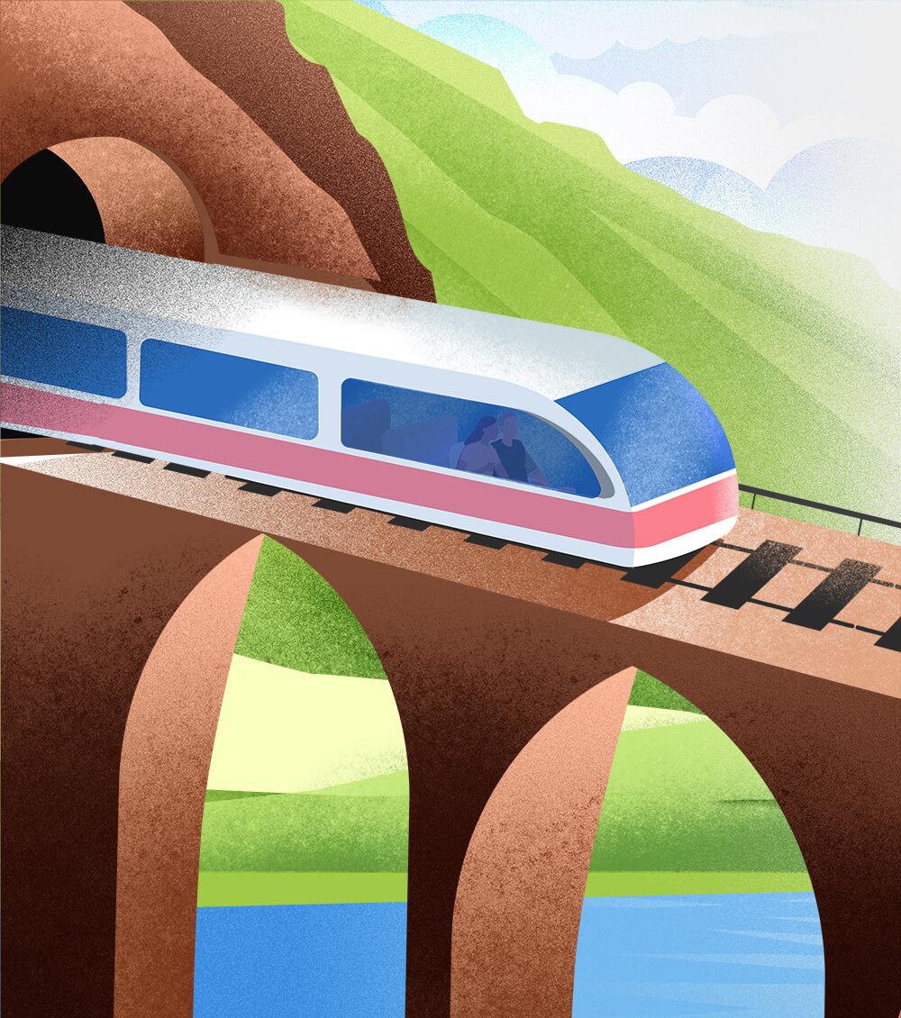 propel - a train coming out of a mountain tunnel onto a bridge that is above water with mountains in the background